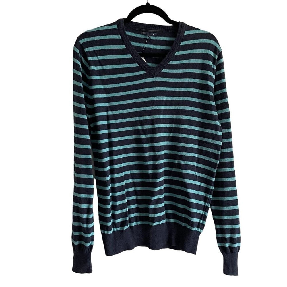Gap Mens SZ M Navy Blue/Teal Striped V-Neck Long Sleeve 100% Cotton Sweater NWT